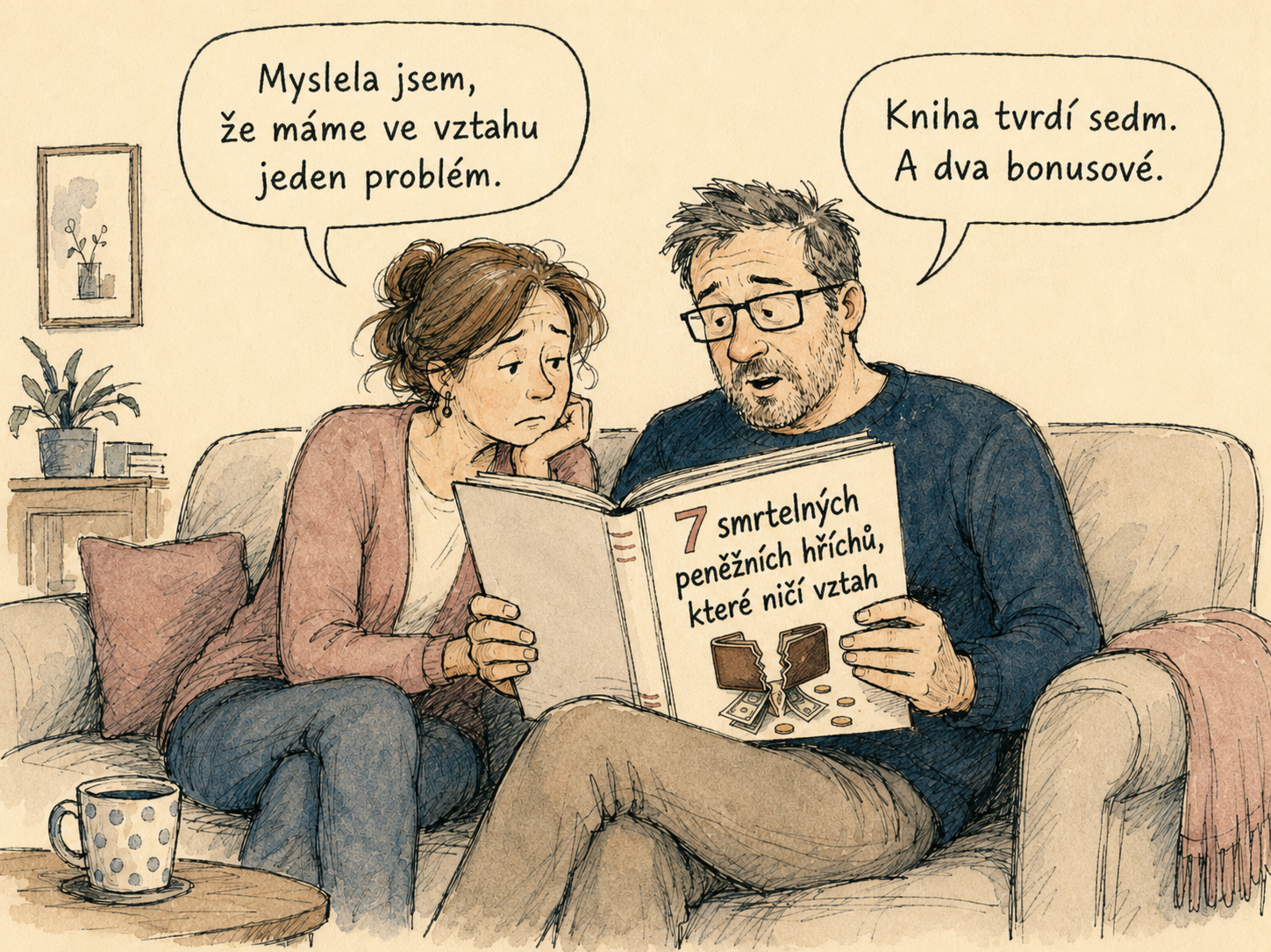 Ilustrovaný vtip: Myslela jsem, že máme ve vztahu jeden problém. Kniha tvrdí sedm. A dva bonusové.