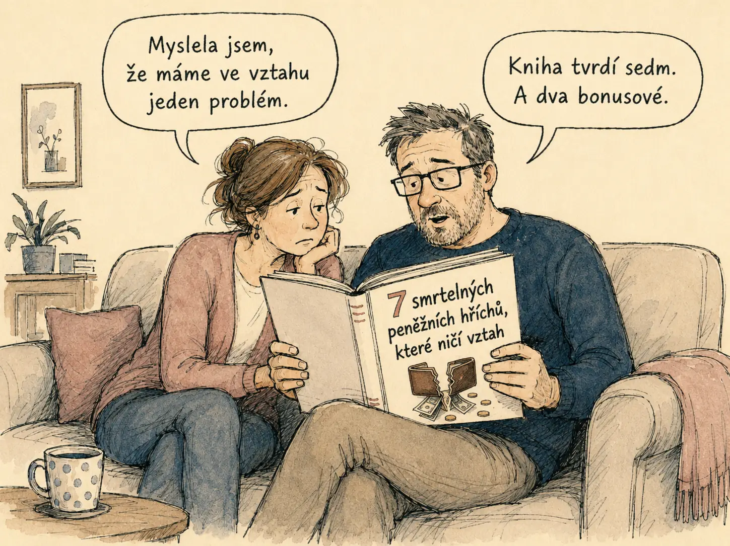 Ilustrovaný vtip: Myslela jsem, že máme ve vztahu jeden problém. Kniha tvrdí sedm. A dva bonusové.